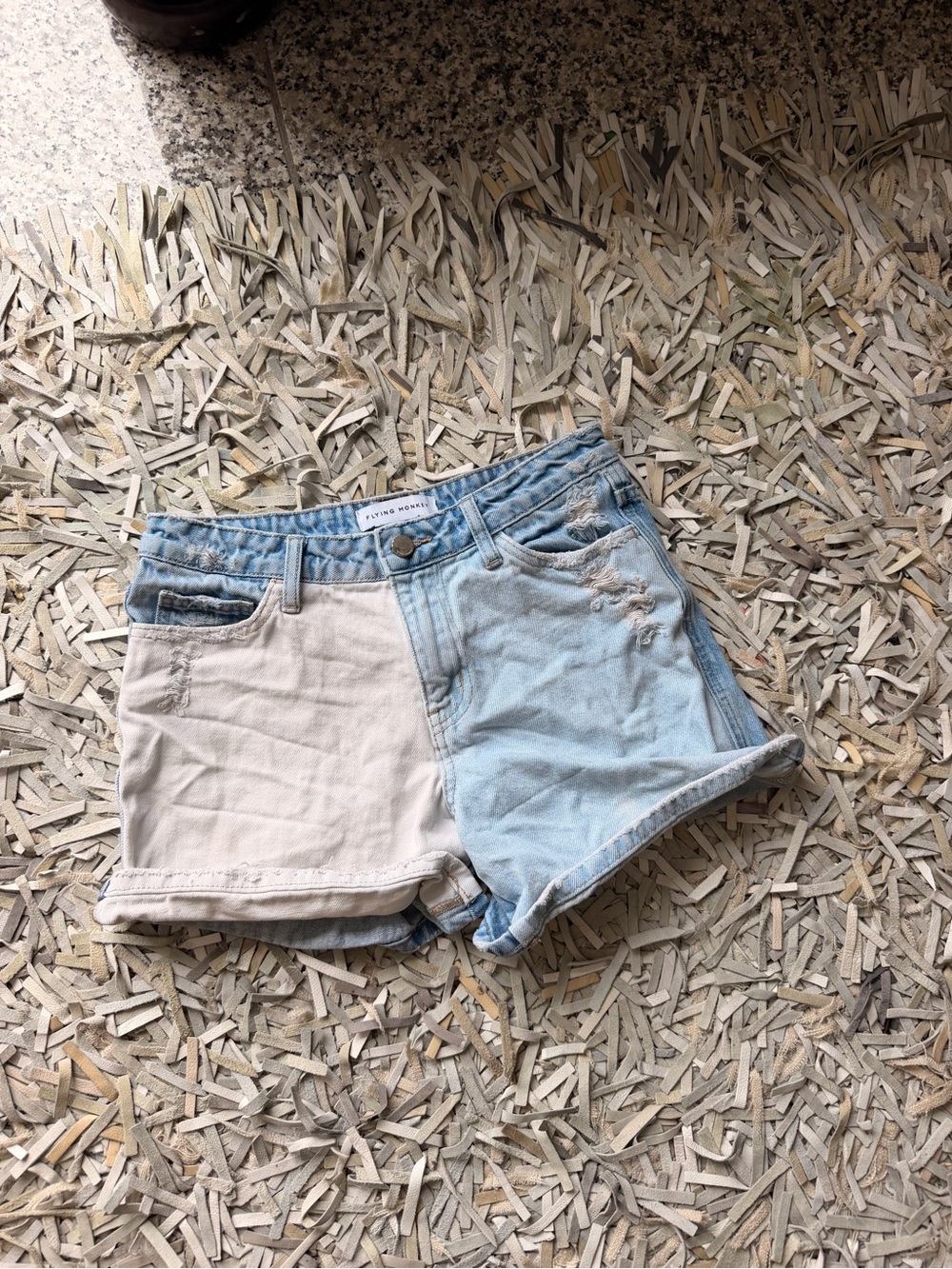 Flying Monkey Two-Tone Denim Shorts in Light Blue & Cream